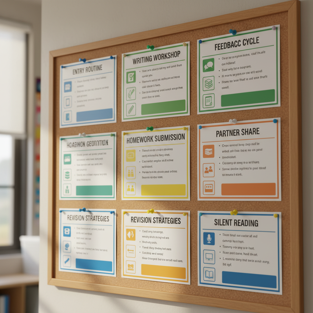 A series of laminated English classroom routines and procedures charts pinned in perfect alignment on a corkboard, each with bold headers like “Entry Routine,” “Writing Workshop,” and “Feedback Cycle.” The charts are printed in a simple sans-serif font, with clear icons and color blocks that guide the eye logically. Pushpins match the color palette, adding subtle visual order. Warm, indirect sunlight from a nearby window highlights the soft texture of the cork and the smooth lamination, casting delicate shadows beneath each sheet. Photographic realism at eye level with a slight angle creates a sense of depth, while the background fades into a neutral, softly blurred classroom wall. The atmosphere is organized, reassuring, and quietly professional, emphasizing sustainable systems for English teaching.