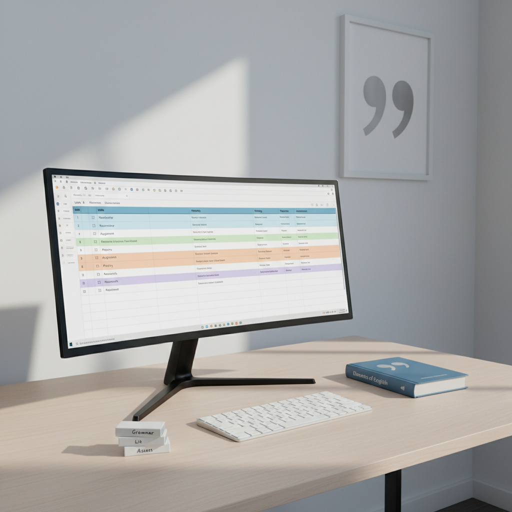 A minimalist digital workspace displayed on a sleek ultrawide monitor, showing a well-organized English curriculum in a spreadsheet with color-coded units, skills, and assessment columns. The monitor sits on a pale wooden desk with a compact wireless keyboard, a small stack of neatly labeled flash drives, and a closed grammar reference book with a simple, elegant cover. Soft afternoon light filters through unseen windows, giving the scene a clean, cool tone and casting faint shadows behind the objects. The background is a softly blurred, uncluttered office wall with a single framed print of a simple quotation mark graphic. Captured in photographic realism from a slight side angle, with moderate depth of field, the mood is calm, efficient, and technologically savvy, perfect for a systems-minded English teacher.