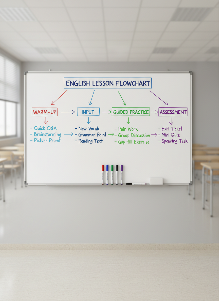 A large whiteboard mounted on a clean, light-gray classroom wall, filled with a perfectly structured English lesson flowchart in colorful dry-erase markers. Clear headings like “Warm-up,” “Input,” “Guided Practice,” and “Assessment” are connected by crisp arrows, with bullet-pointed examples and concise notes. At the base of the board sits a narrow ledge with neatly aligned markers and a spotless eraser. Soft, diffused overhead lighting eliminates glare, making every word legible. The polished tile floor reflects a subtle sheen, while the rest of the room fades into a gentle blur. Photographic realism, eye-level composition, and sharp focus on the board create a professional, systematic atmosphere that emphasizes clarity and efficiency in planning English lessons.