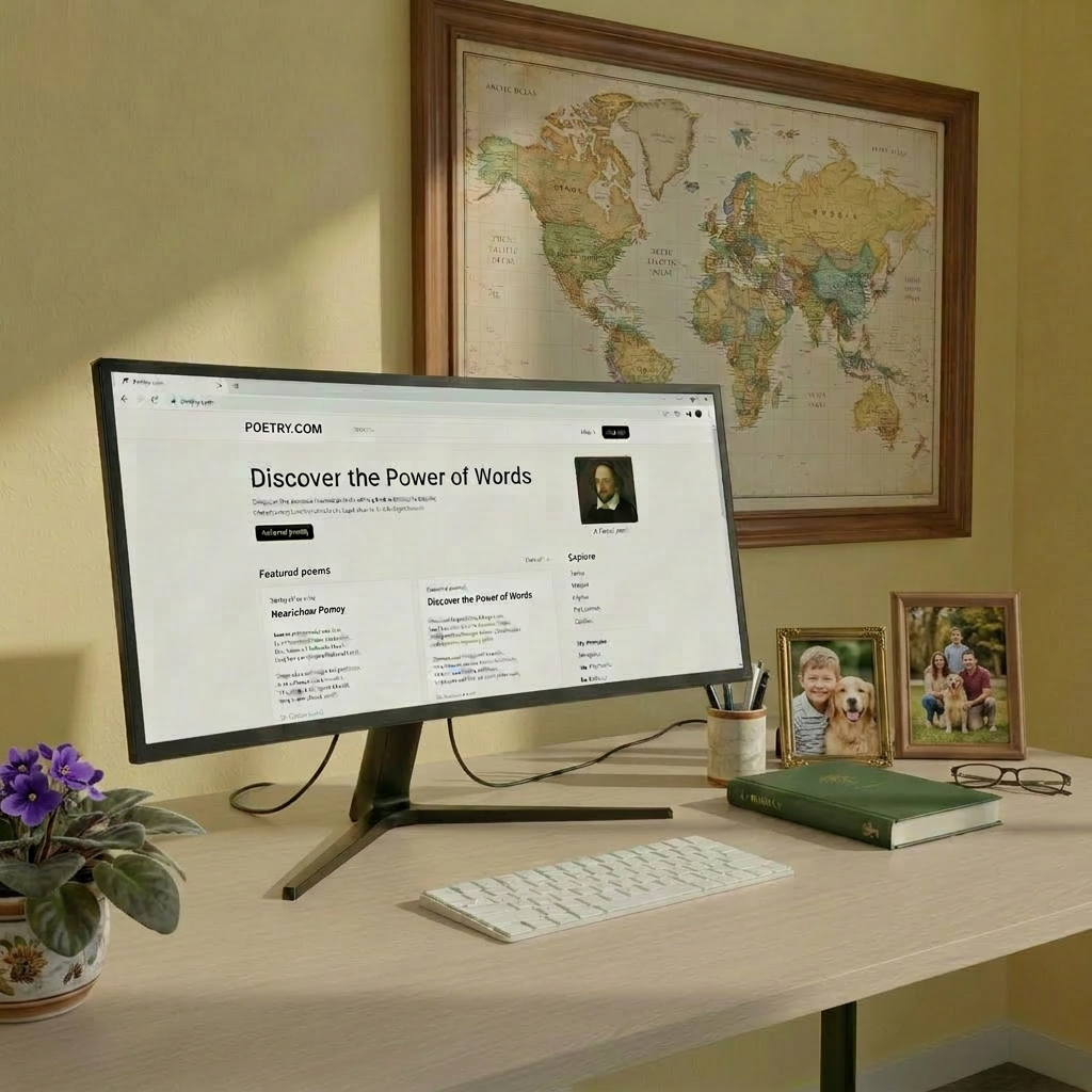 A minimalist digital workspace displayed on a sleek ultrawide monitor, showing a well-organized English curriculum in a spreadsheet with color-coded units, skills, and assessment columns. The monitor sits on a pale wooden desk with a compact wireless keyboard, a small stack of neatly labeled flash drives, and a closed grammar reference book with a simple, elegant cover. Soft afternoon light filters through unseen windows, giving the scene a clean, cool tone and casting faint shadows behind the objects. The background is a softly blurred, uncluttered office wall with a single framed print of a simple quotation mark graphic. Captured in photographic realism from a slight side angle, with moderate depth of field, the mood is calm, efficient, and technologically savvy, perfect for a systems-minded English teacher.