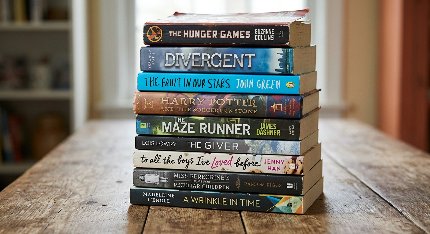 Stack of popular young adult novels including The Hunger Games, Divergent, and Harry Potter