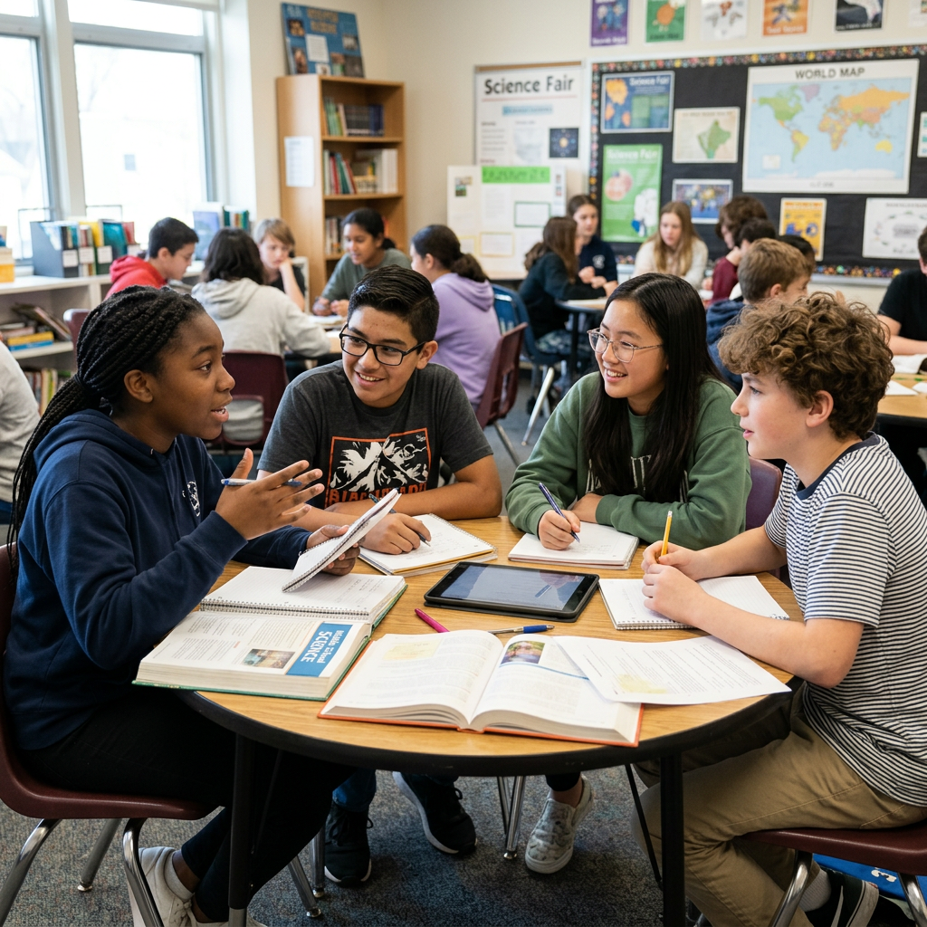 Four middle school students discussing schoolwork and taking notes at a classroom table