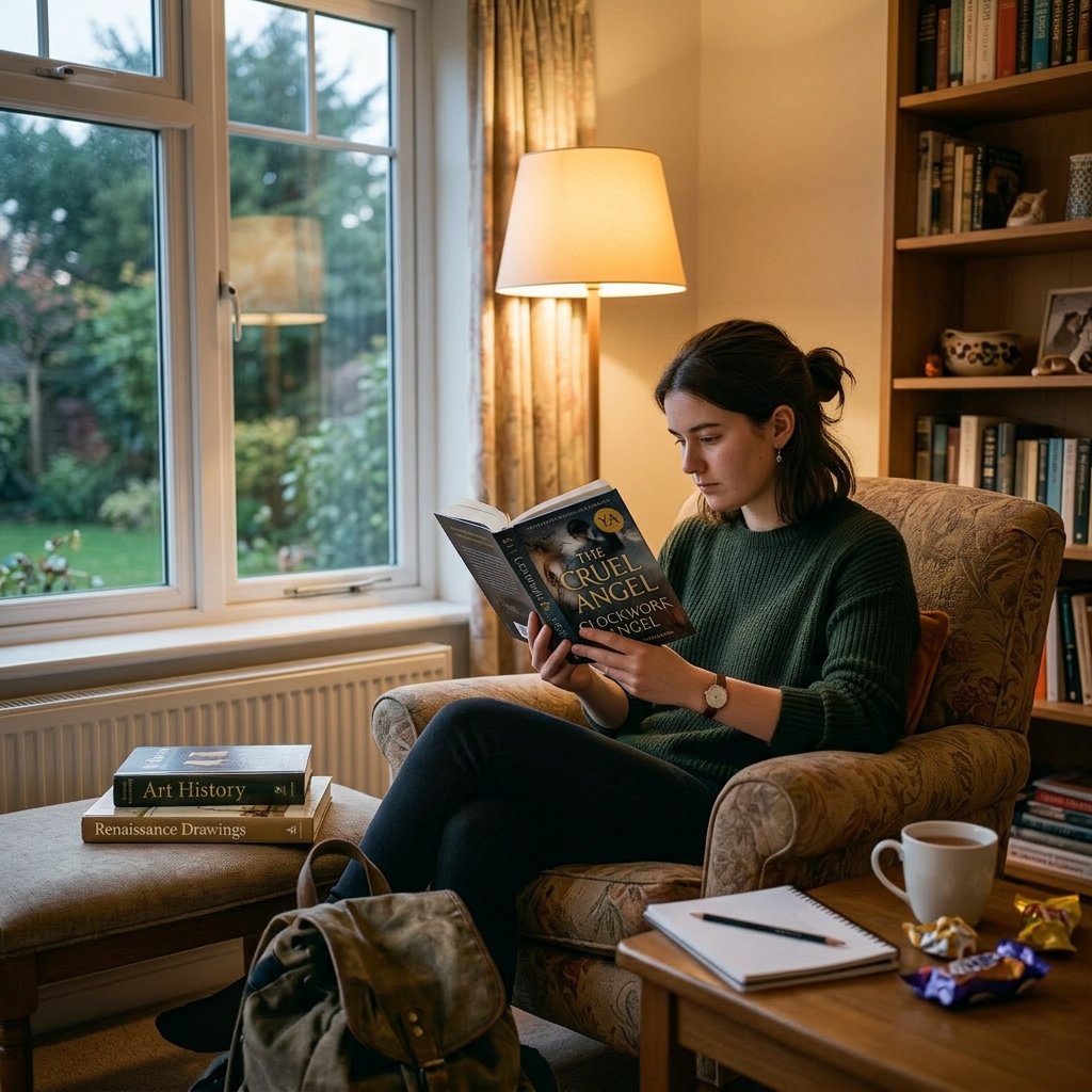 Student reading young adult novel at home
