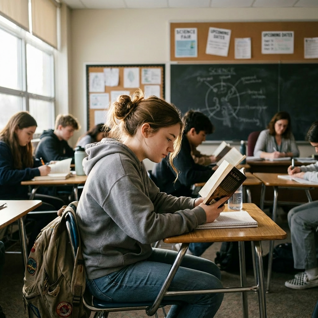 Focused high school classroom study session Teen students seated at desks reading books and writing notes in a classroom