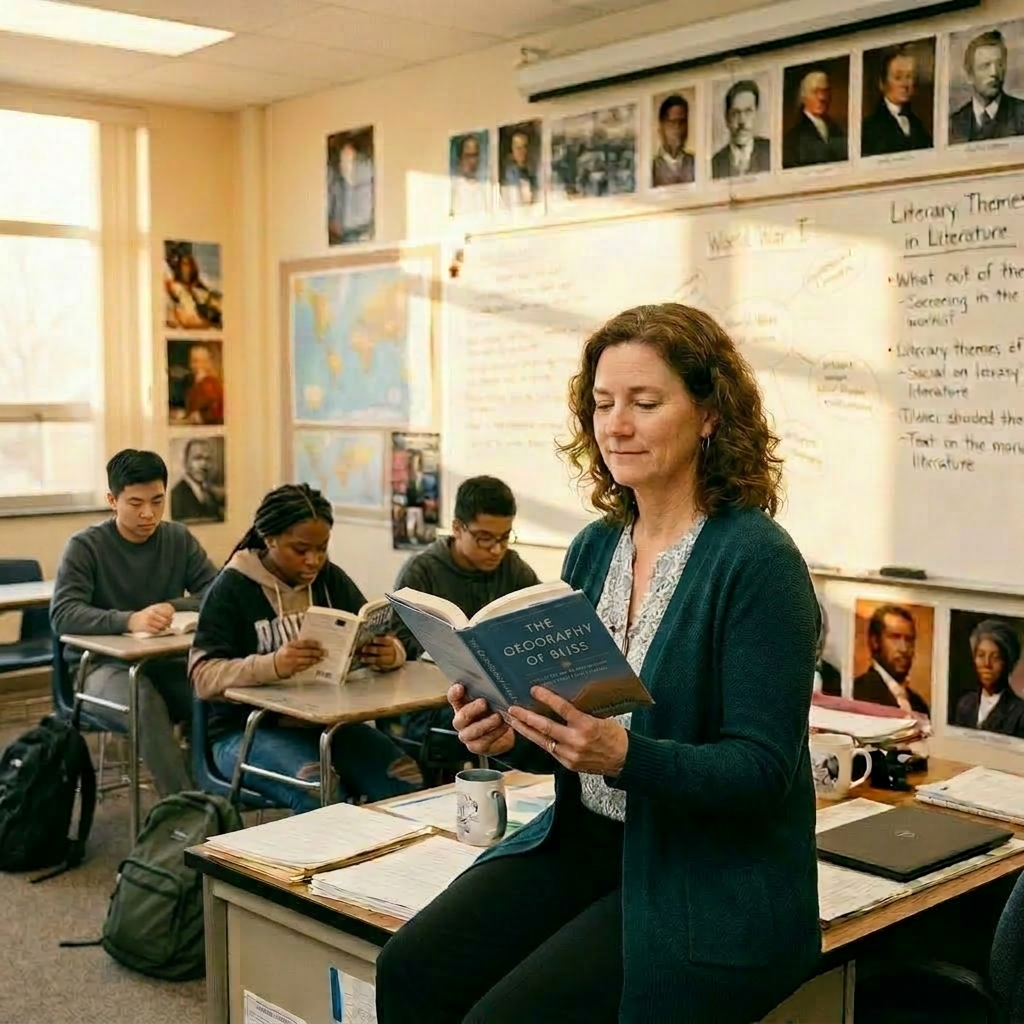 peaceful teacher in high school classroom peaceful teacher in high school classroom