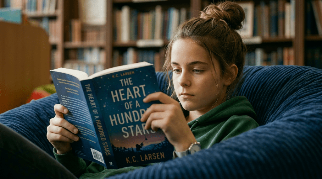 Teenage girl reading 'The Heart of a Hundred Stars' book in library