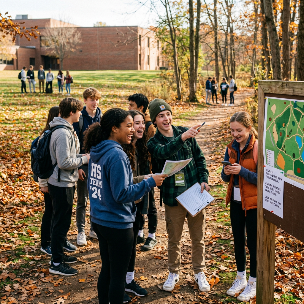 High school students engaged in an outdoor map reading and clue-solving activity