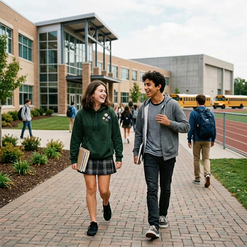 Two college students walking and talking on a tree-lined campus pathway with fall foliage