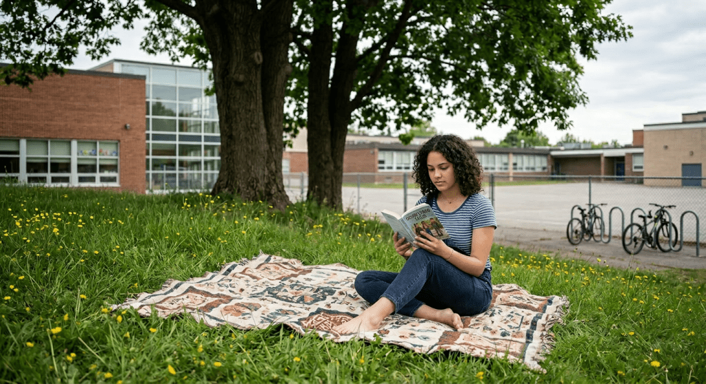 Young girl sitting on a patterned blanket in a meadow reading a book