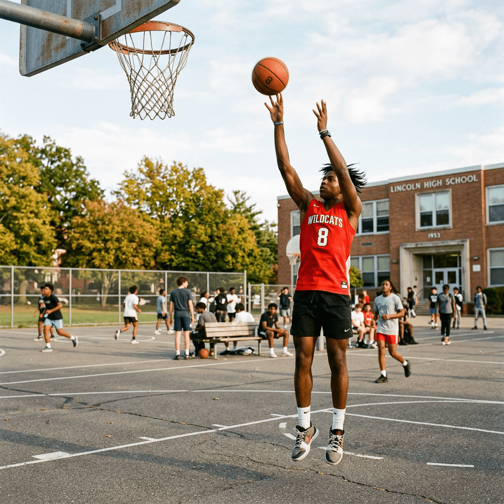 High school basketball player in red jersey shooting basketball outdoors