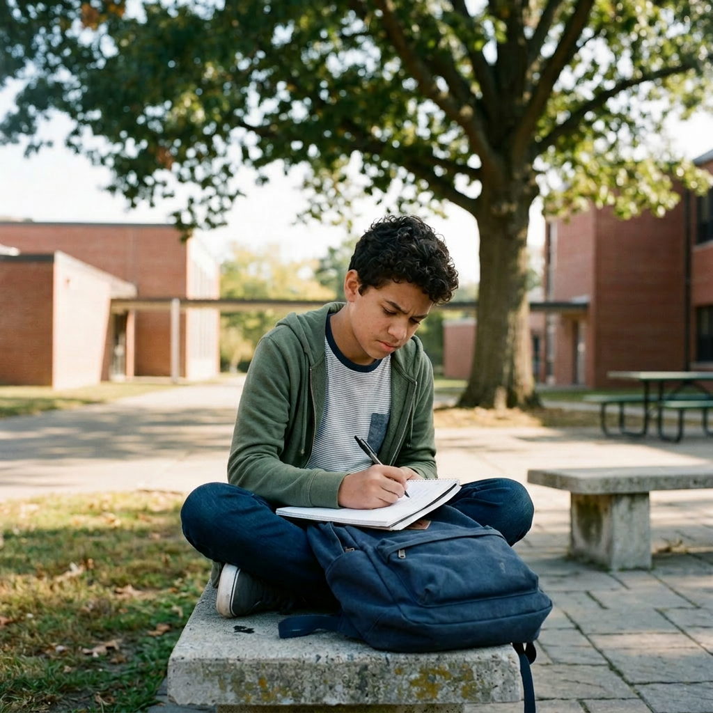 Teenage student writing in notebook outdoors at school courtyard