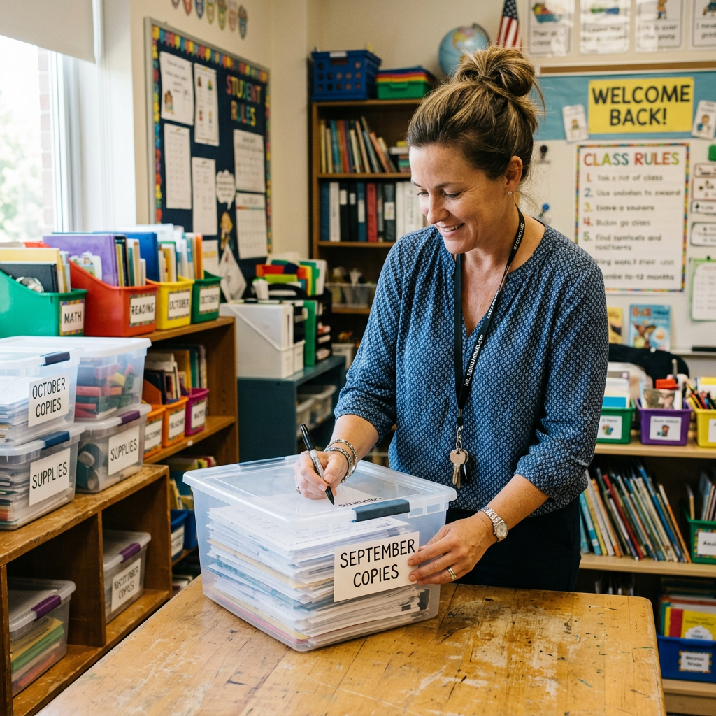 Teacher labeling a plastic bin as 'September Copies' filled with papers in classroom