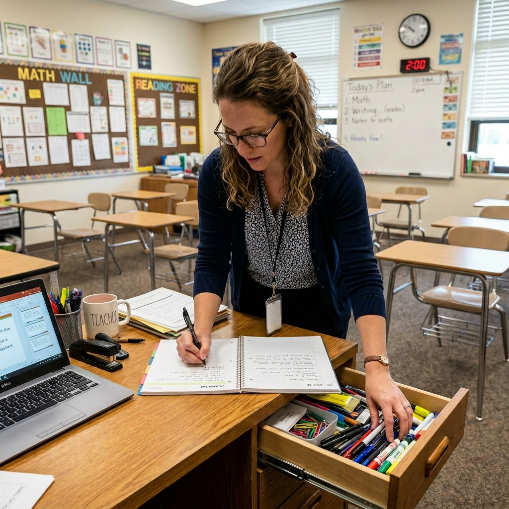 Teacher writing in planner and organizing pens in classroom