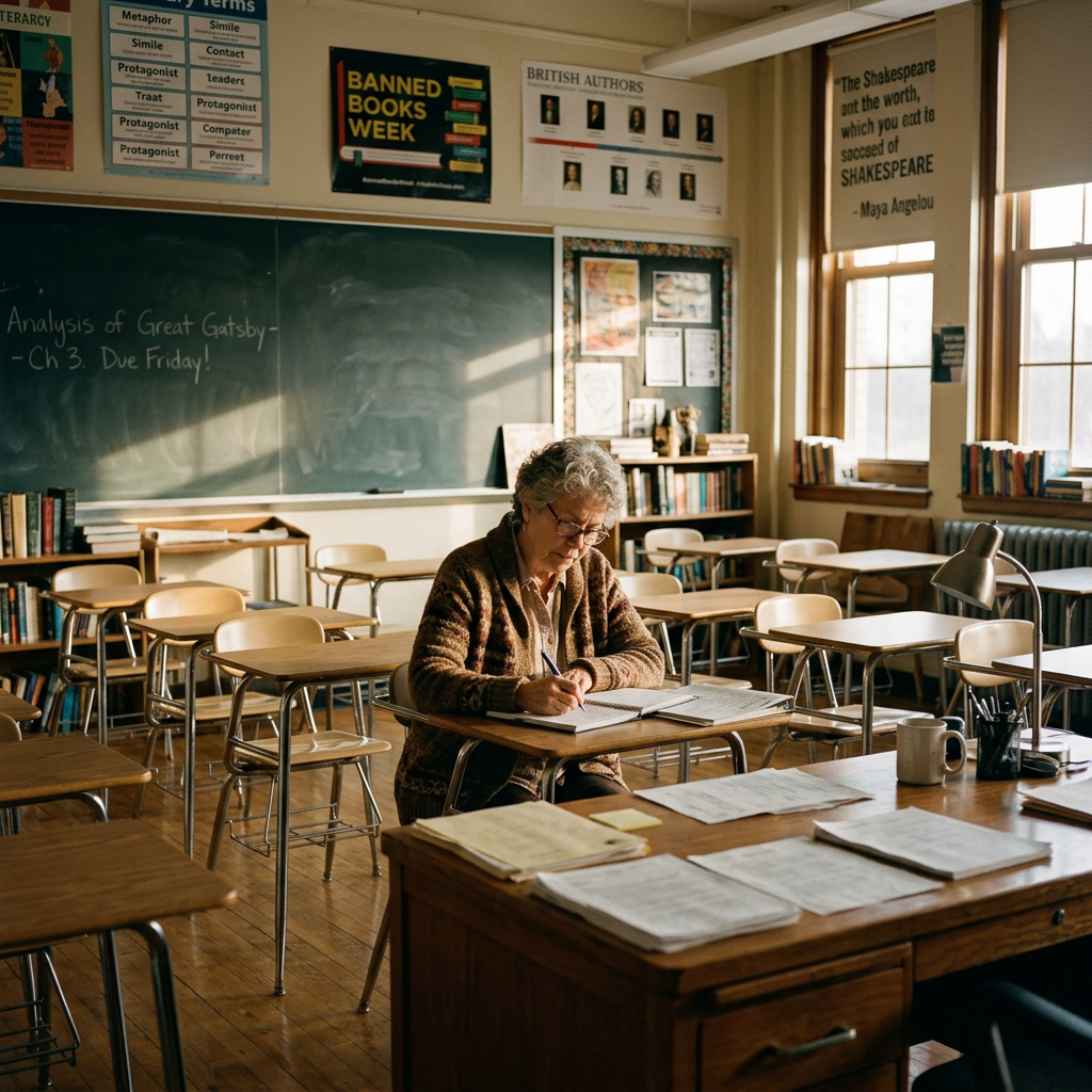 Teacher sitting at a student desk grading papers in an empty classroom