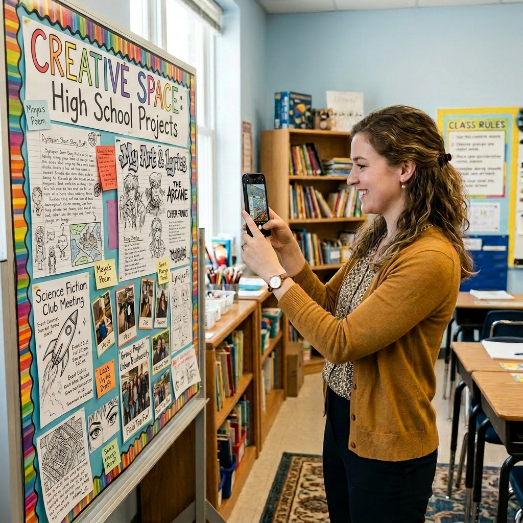 Teacher documenting student work display Teacher using smartphone to photograph student learning board with projects and drawings