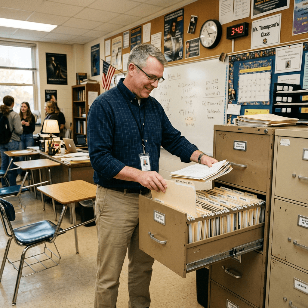 Teacher taking student files from a filing cabinet in classroom