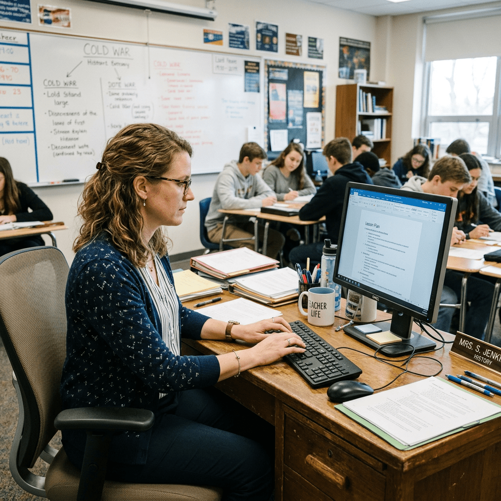Teacher typing on computer at desk with students studying behind her