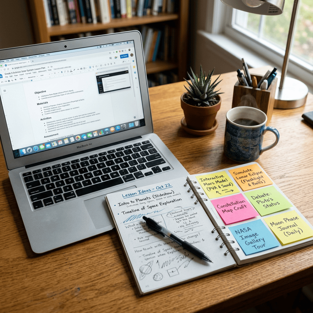 Laptop displaying lesson plan document, open notebook with lesson ideas and colorful sticky notes, pen, coffee mug, and small potted plant on wooden desk near window