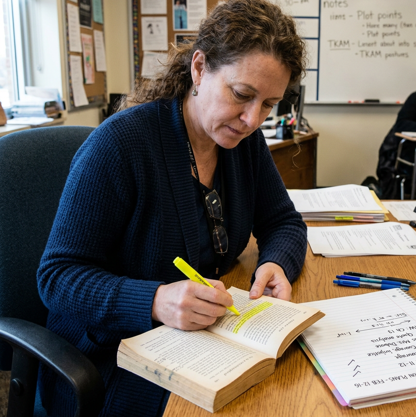 Teacher highlighting text in a book while planning lessons at a desk