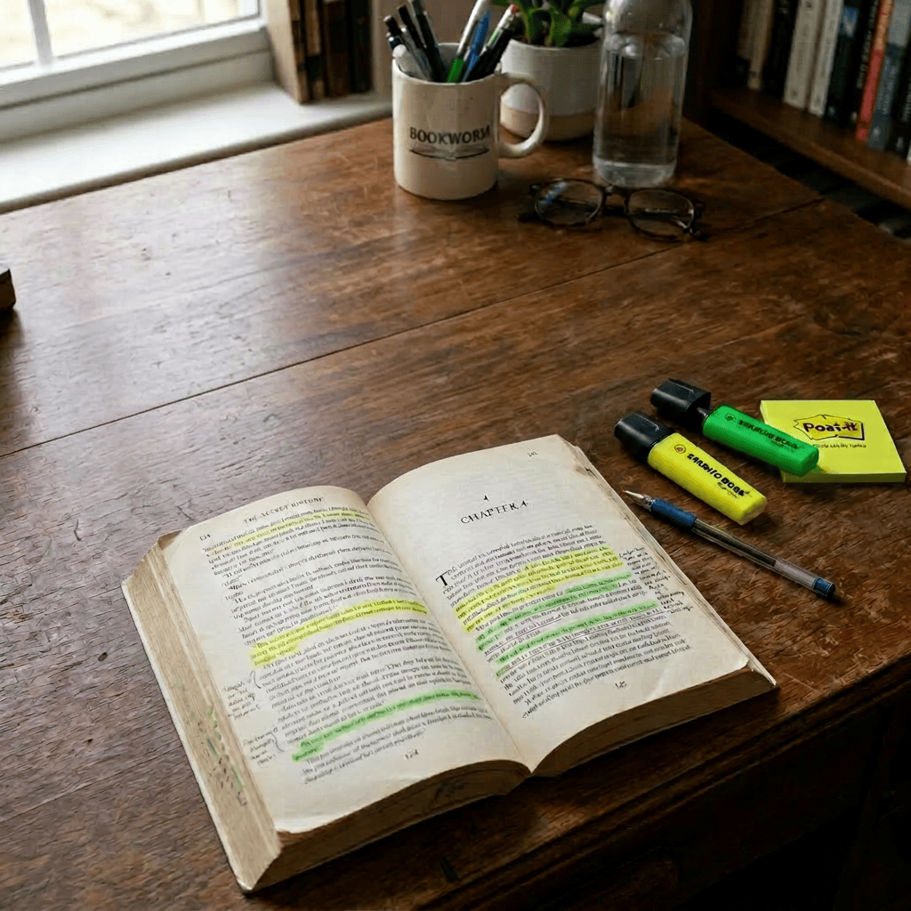 Open reading journal and book with highlighted text and study materials on desk
