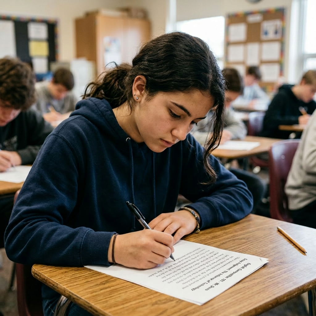 Focused student completing classroom test Student writing answers on a math test paper at a school desk