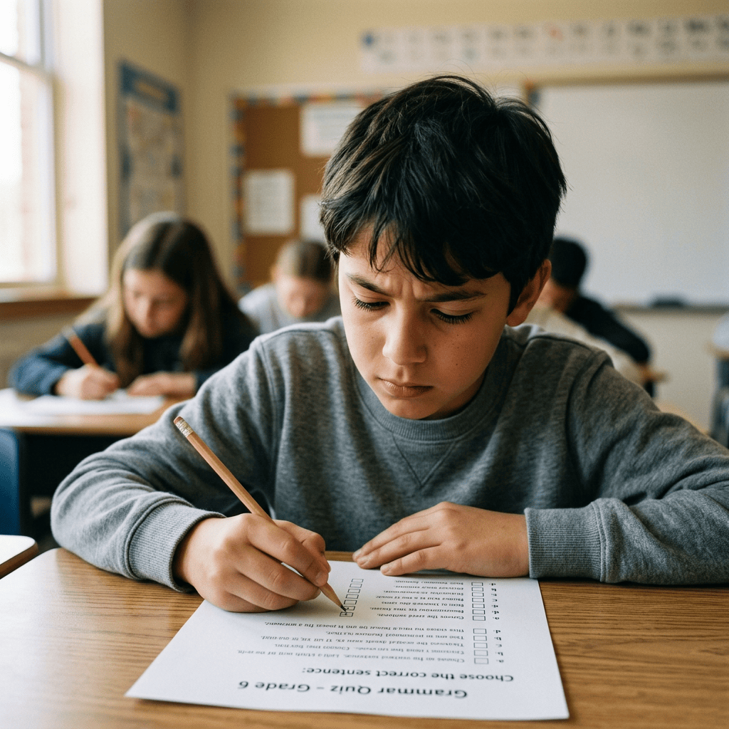 Close-up 12-year-old boy taking grammar multiple choice test